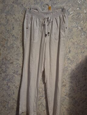 Wide Leg Linen-Blend Pants with Smocked Waist - Cream